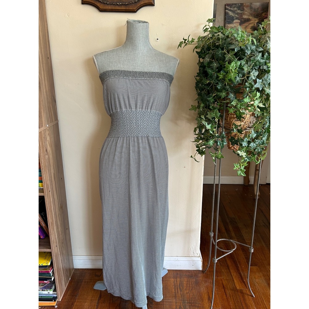 Lark + Grey Maxi Dress Womens S/M Black White Striped Smocked Strapless Casual